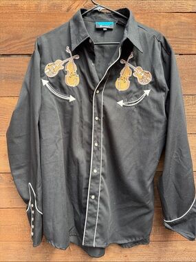 Black Embroidered Instrument Western Button-Down Shirt
